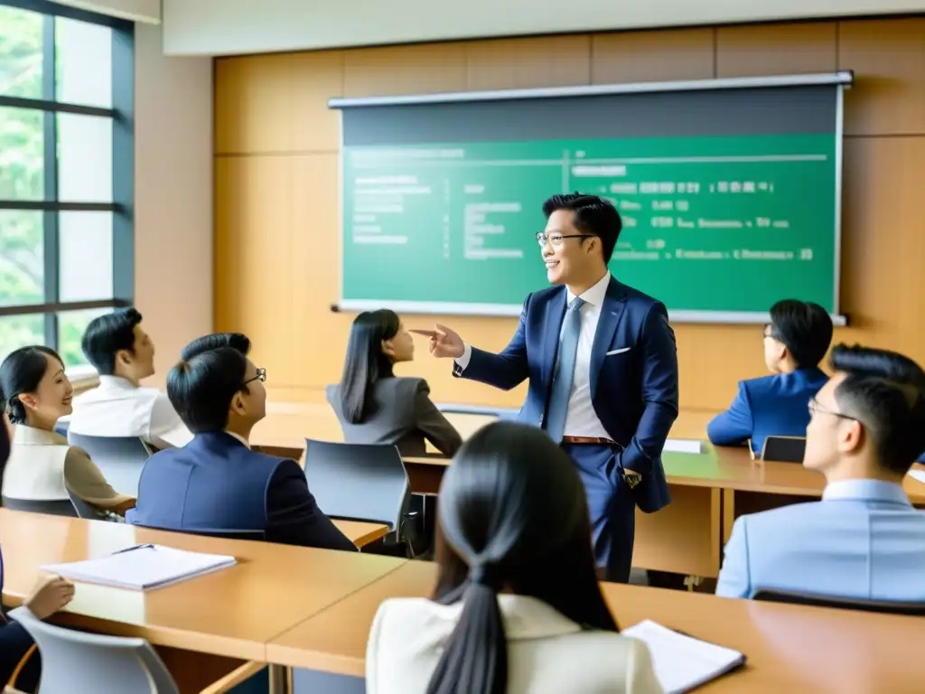 Estudiantes de MBA asiáticos en aula moderna, participando en clase de finanzas con profesor destacado