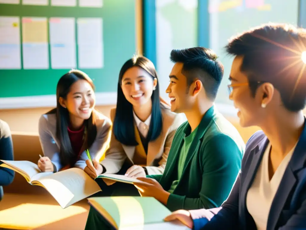 Estudiantes asiáticos debaten en aula universitaria multilingüe, resaltando la importancia del multilingüismo en universidades asiáticas