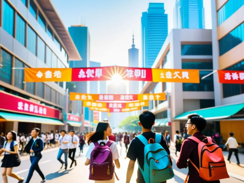 Estudiantes asiáticos en bulliciosa calle universitaria; oportunidades académicas y proceso visado estudiante Asia