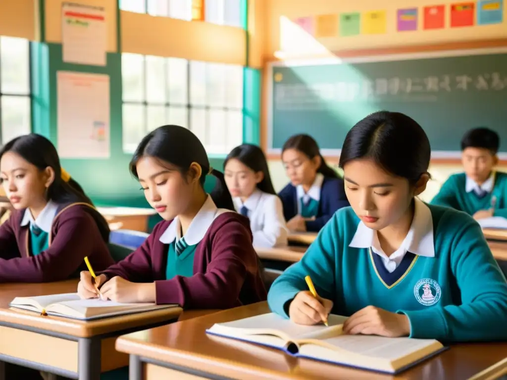 Estudiantes asiáticos concentrados en el aula, rodeados de libros y posters educativos