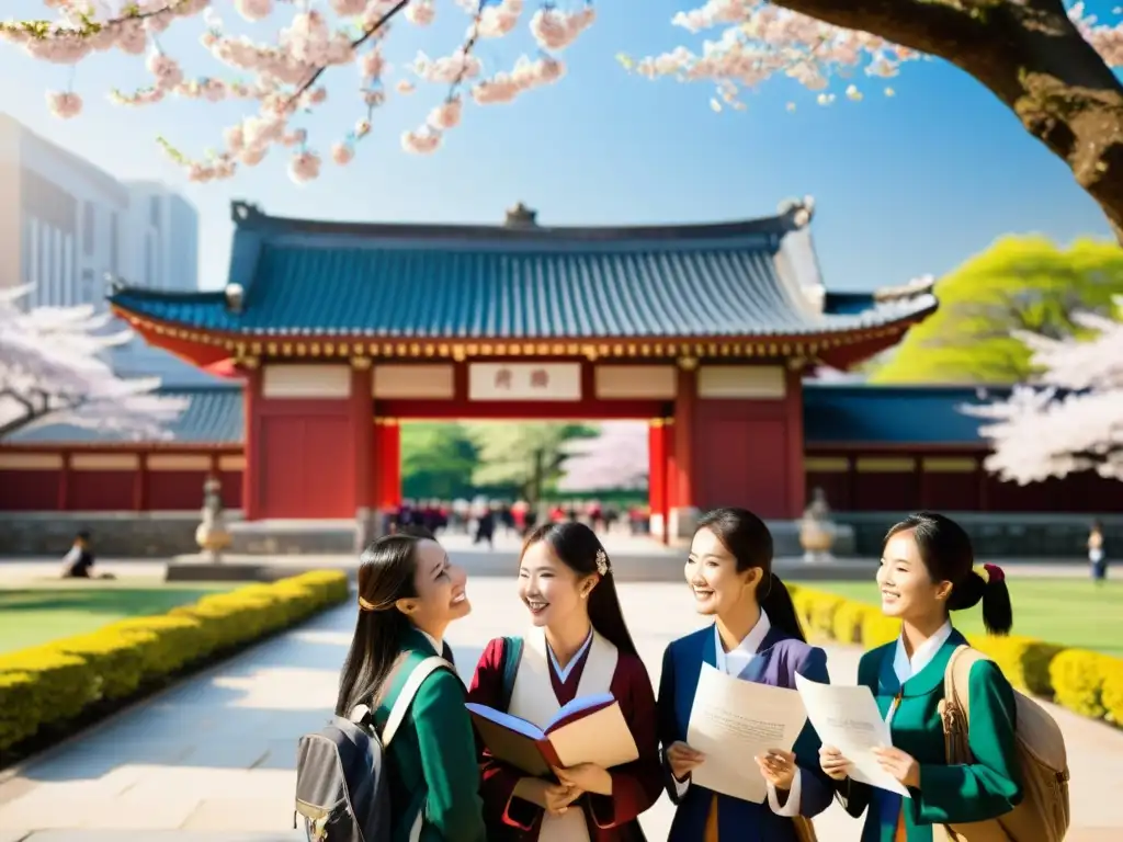 Estudiantes asiáticos emocionados se reúnen en una feria de admisiones universitarias, listos para aplicar a universidades top de Asia