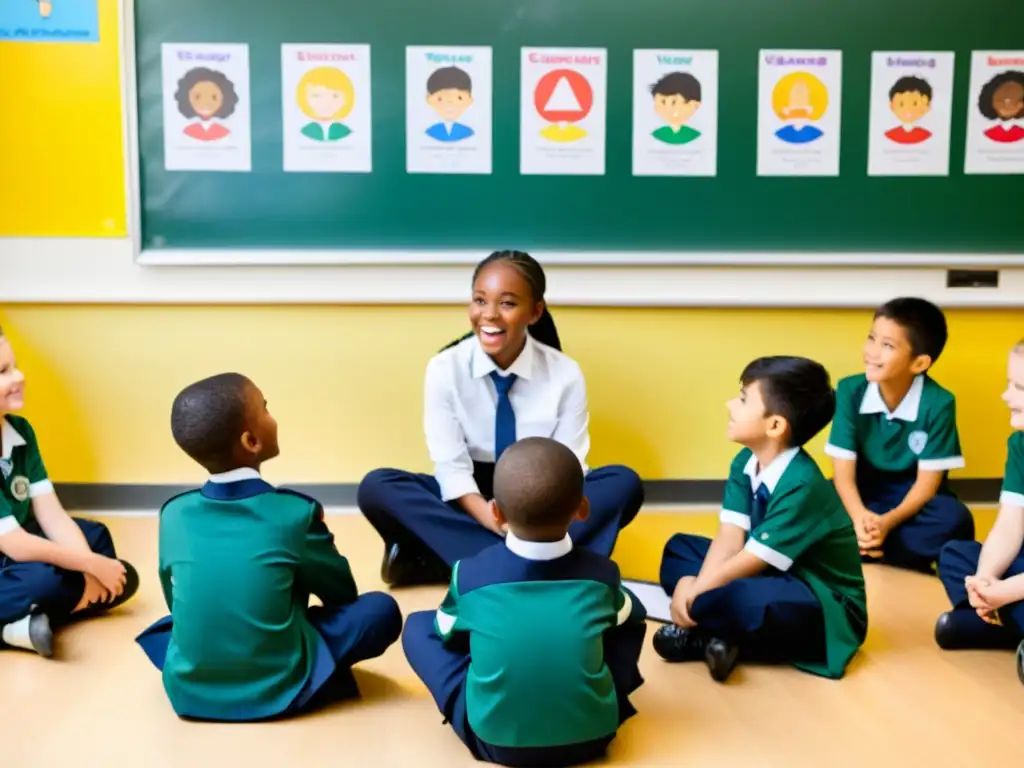 Estudiantes asiáticos exploran emociones con su maestra en un aula colorida