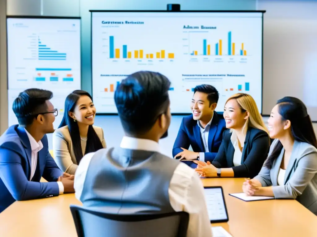 Estudiantes de MBA asiáticos colaboran y comparten experiencias de becas en un aula moderna y bien iluminada