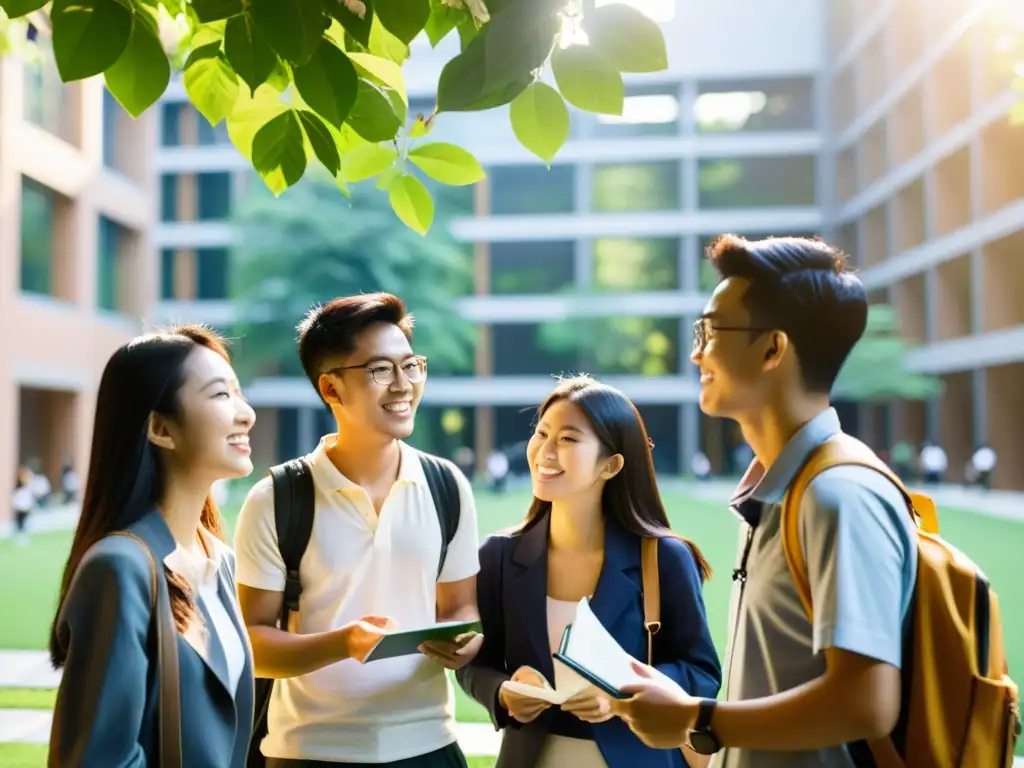 Estudiantes asiáticos intercambiando ideas en un animado debate en el campus universitario