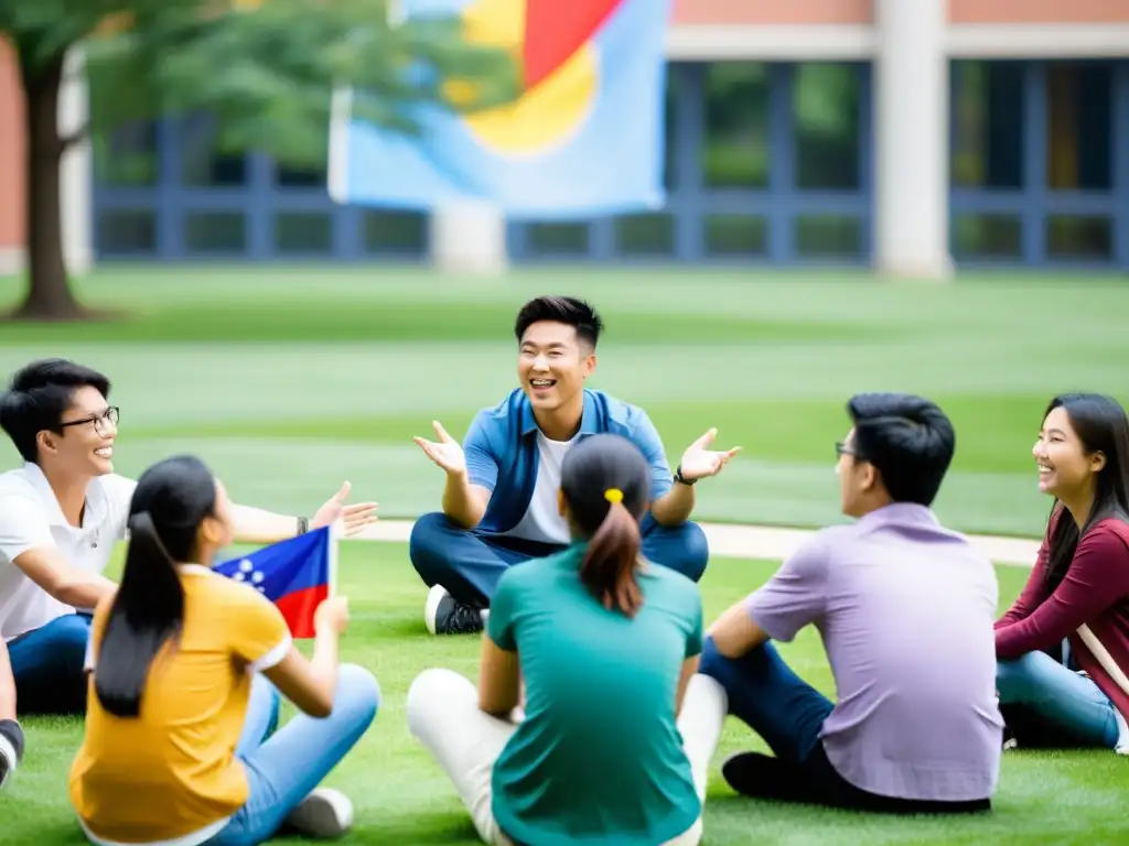 Estudiantes asiáticos participan animadamente en un intercambio cultural en el campus, rodeados de banderas internacionales