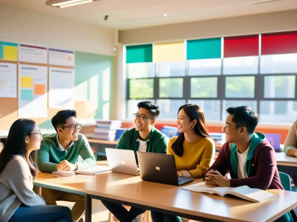 Estudiantes asiáticos colaborando en proyecto multidisciplinario en aula moderna, fomentando la interdisciplinariedad en universidades asiáticas