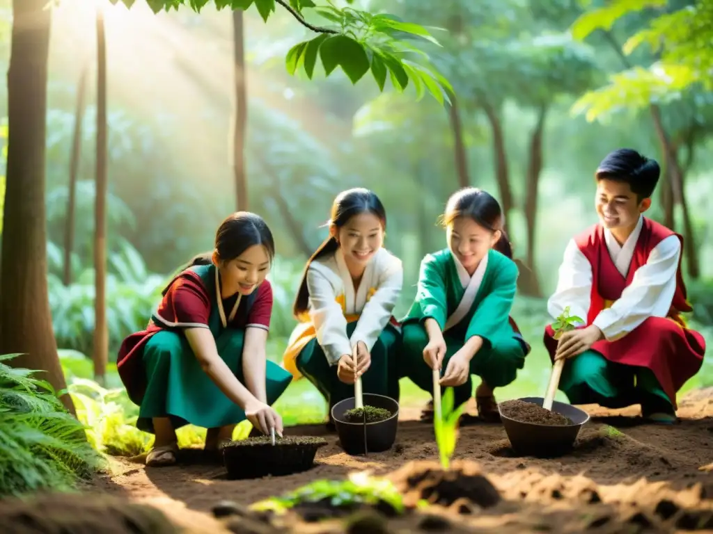 Estudiantes asiáticos en ropa tradicional plantan árboles en un bosque exuberante