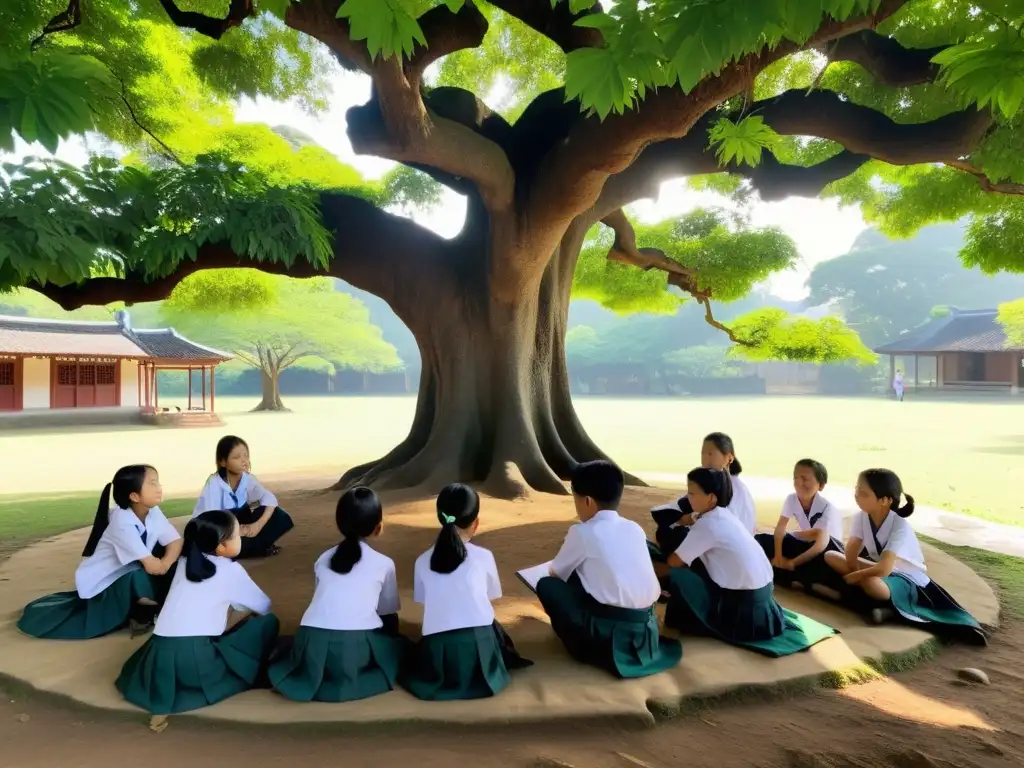 Estudiantes asiáticos en uniforme escolar aprenden bajo un árbol centenario, integrando el entorno en su educación