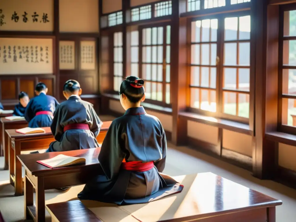 Estudiantes atentos en aula tradicional confuciana, empapados en sabiduría