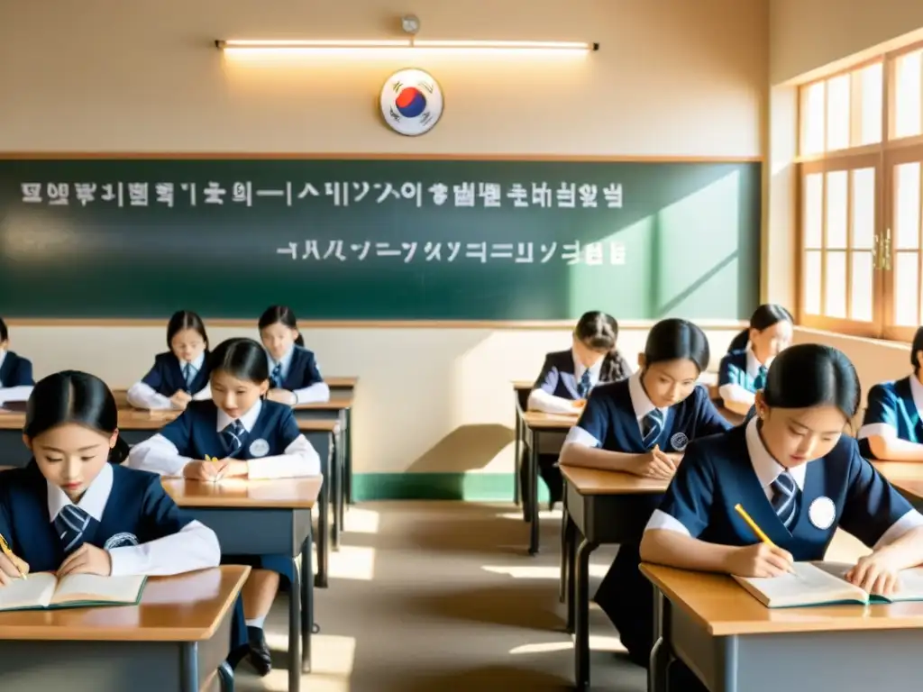 Estudiantes atentos escuchan a la maestra en un aula de Corea del Sur, con disciplina y orden en el ambiente escolar