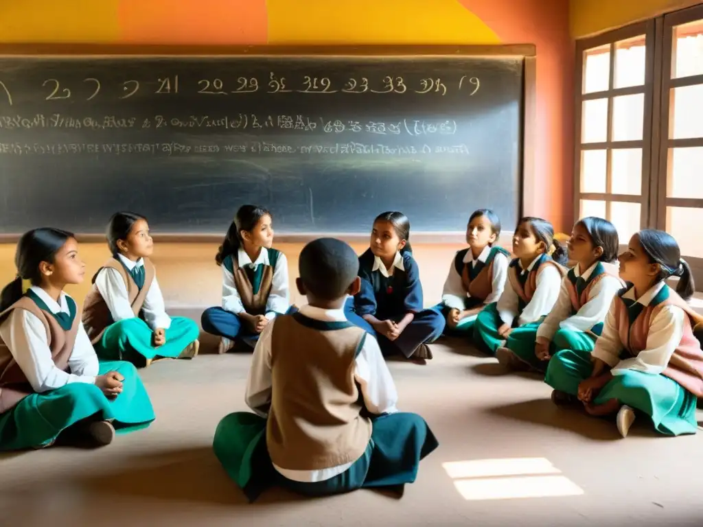 Estudiantes atentos escuchando a su maestra en un aula tradicional del Valle del Indo, iluminada por luz natural