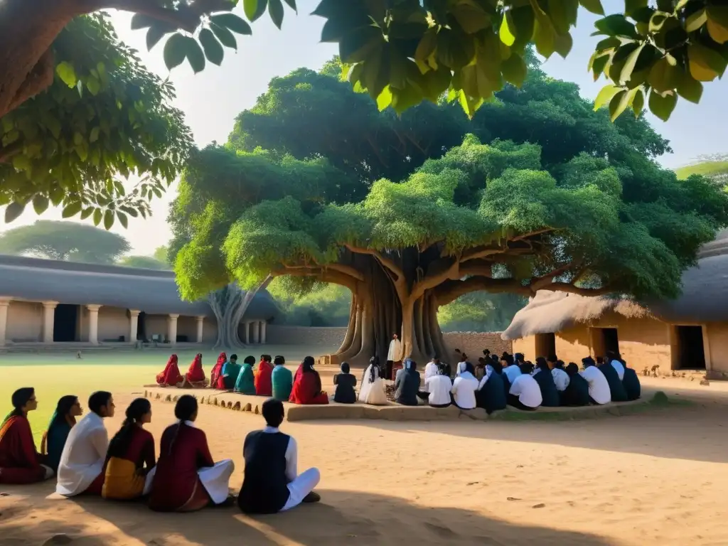 Estudiantes escuchan atentos a su maestro bajo un árbol banyan en el Valle del Indo, rodeados de ruinas antiguas