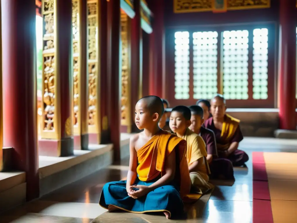 Estudiantes escuchan atentos a un monje en un templo budista en Asia, en una atmósfera de serenidad y enseñanza religiosa