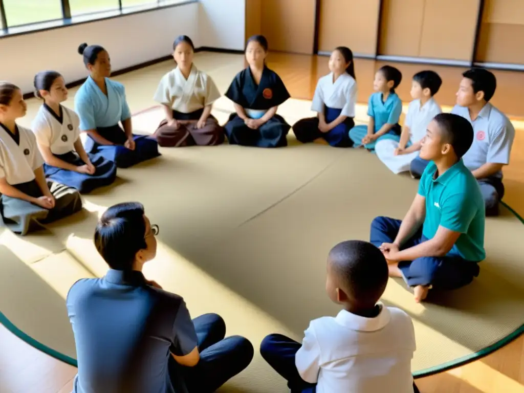 Estudiantes atentos aprenden principios de Aikido filosófico sobre armonía y conflicto en una clase cálida y acogedora