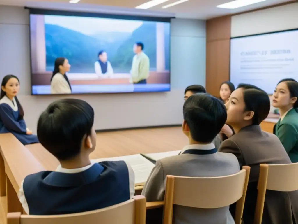 Estudiantes atentos observan serie asiática educativa sobre historia y cultura en aula moderna