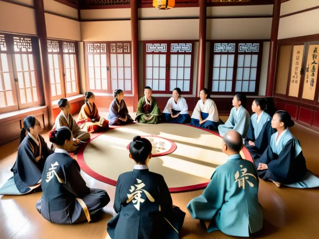 Estudiantes en atuendo tradicional asiático discuten con un anciano maestro sosteniendo un pergamino, en un aula confuciana inmersiva