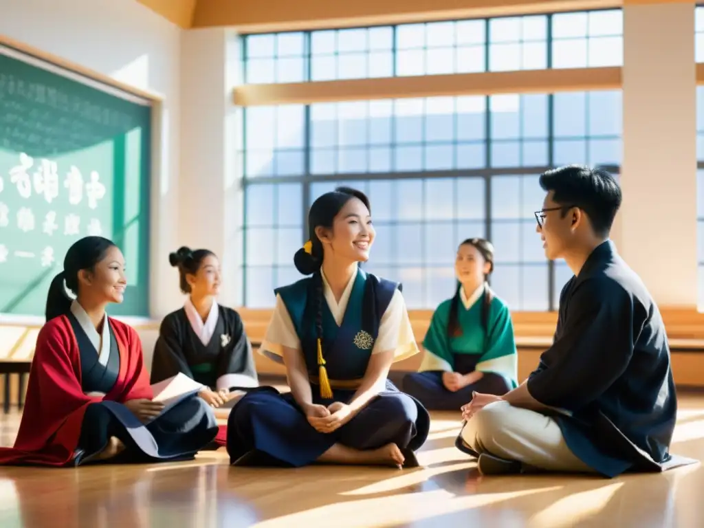 Estudiantes con atuendos asiáticos en aula moderna y dinámica, fusionando tradición y tecnología con el MBA asiático para potenciar carrera global