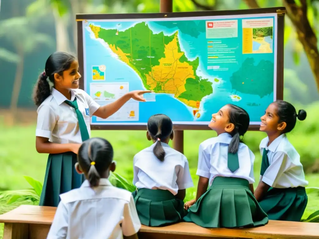 Estudiantes en Sri Lanka, en aula al aire libre rodeada de naturaleza, participando en reconstrucción educativa postguerra