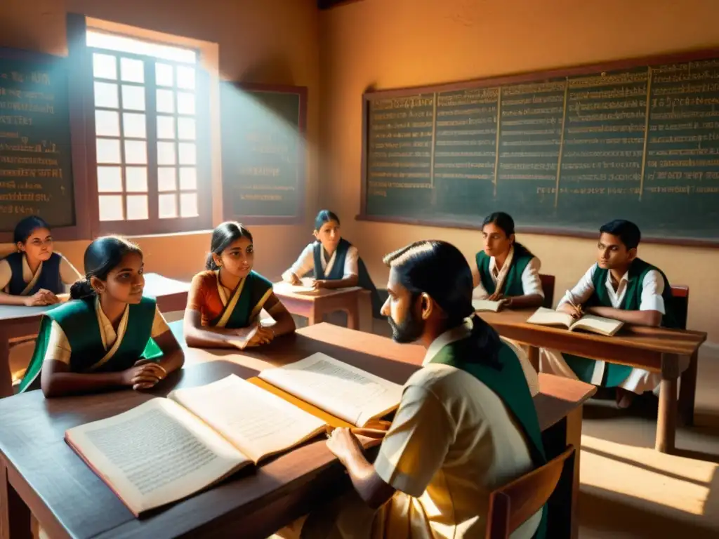 Estudiantes debatiendo en un aula antigua india con herramientas de lógica Nyaya India