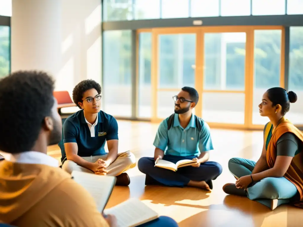 Estudiantes diversos discuten la aplicación práctica de Bhagavad Gita en un aula moderna llena de luz natural