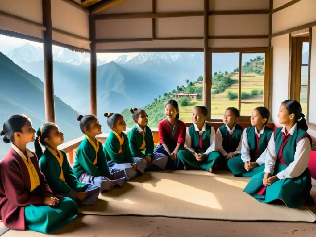 Estudiantes en Nepal aprenden en aula rústica con vista a Himalayas, adaptación escolar en Nepal