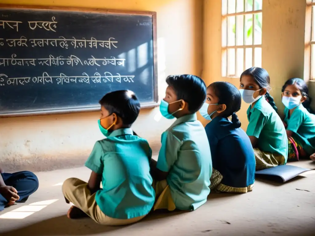 Estudiantes en aula de Bangladesh con tapabocas, atentos a maestra escribiendo en pizarra, desafiando obstáculos educativos por COVID19