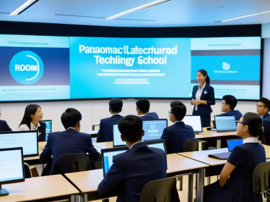 Estudiantes colaborando en un aula tecnológica de élite en Asia, reflejando inversiones educativas en Asia