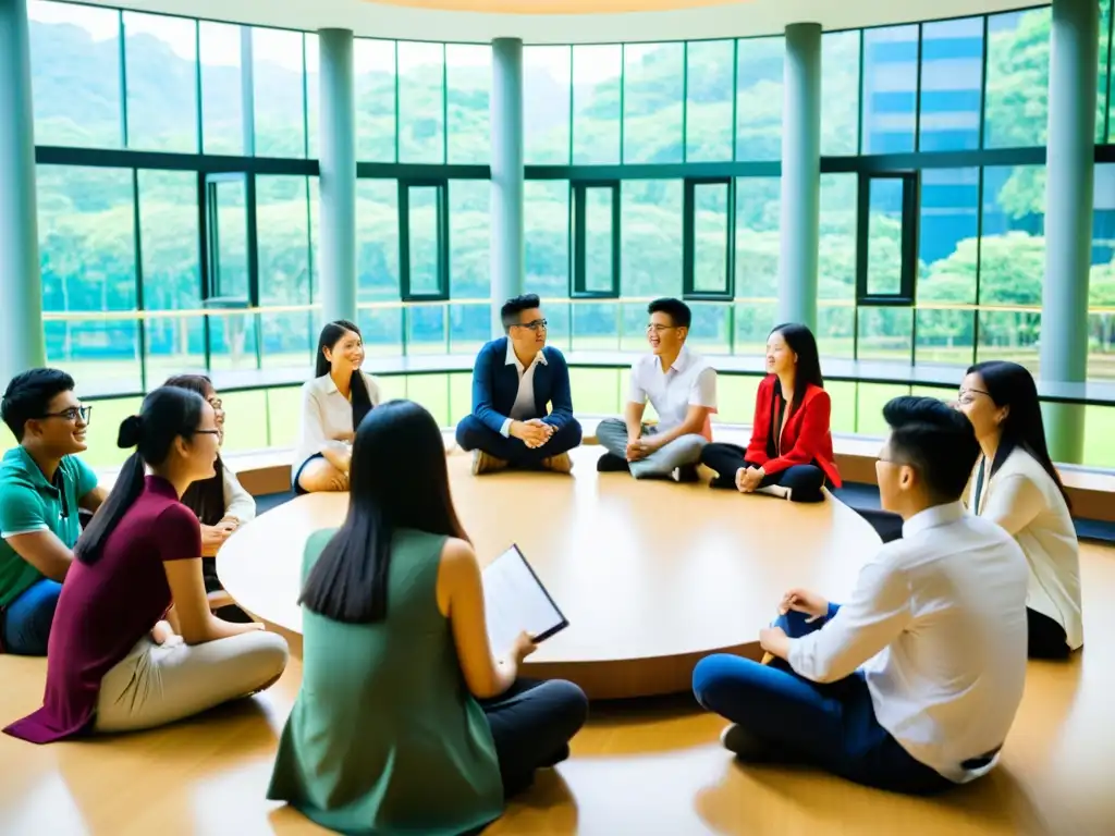 Estudiantes diversos discuten colaborativamente en aula universitaria asiática, capturando la interdisciplinariedad en universidades asiáticas