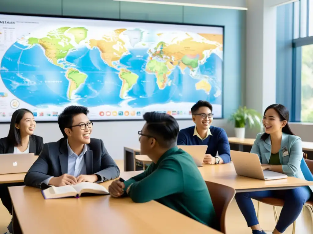 'Estudiantes de Asia en aula universitaria moderna, colaborando en discusión animada