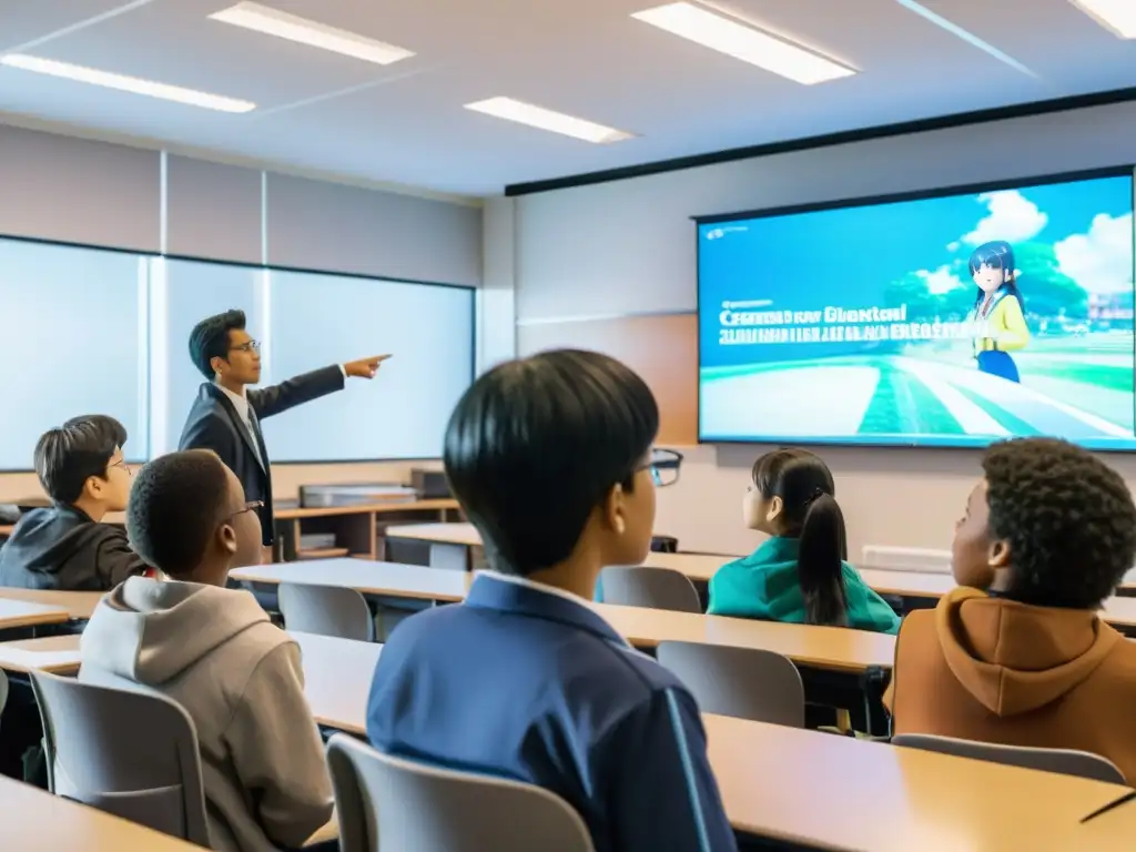 Estudiantes diversos disfrutan de los beneficios educativos del anime asiático en clase, colaborando y participando activamente en la discusión