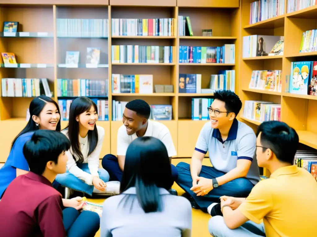 Estudiantes debaten sobre beneficios educativos del anime asiático en ambiente inclusivo y colaborativo, rodeados de material educativo y entretenimiento