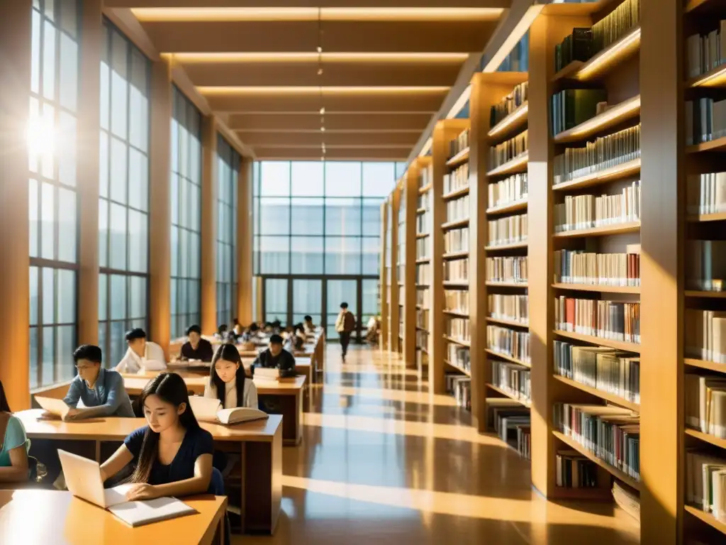 Estudiantes estudian en biblioteca universitaria asiática, inmersos en libros rodeados de atmósfera serena