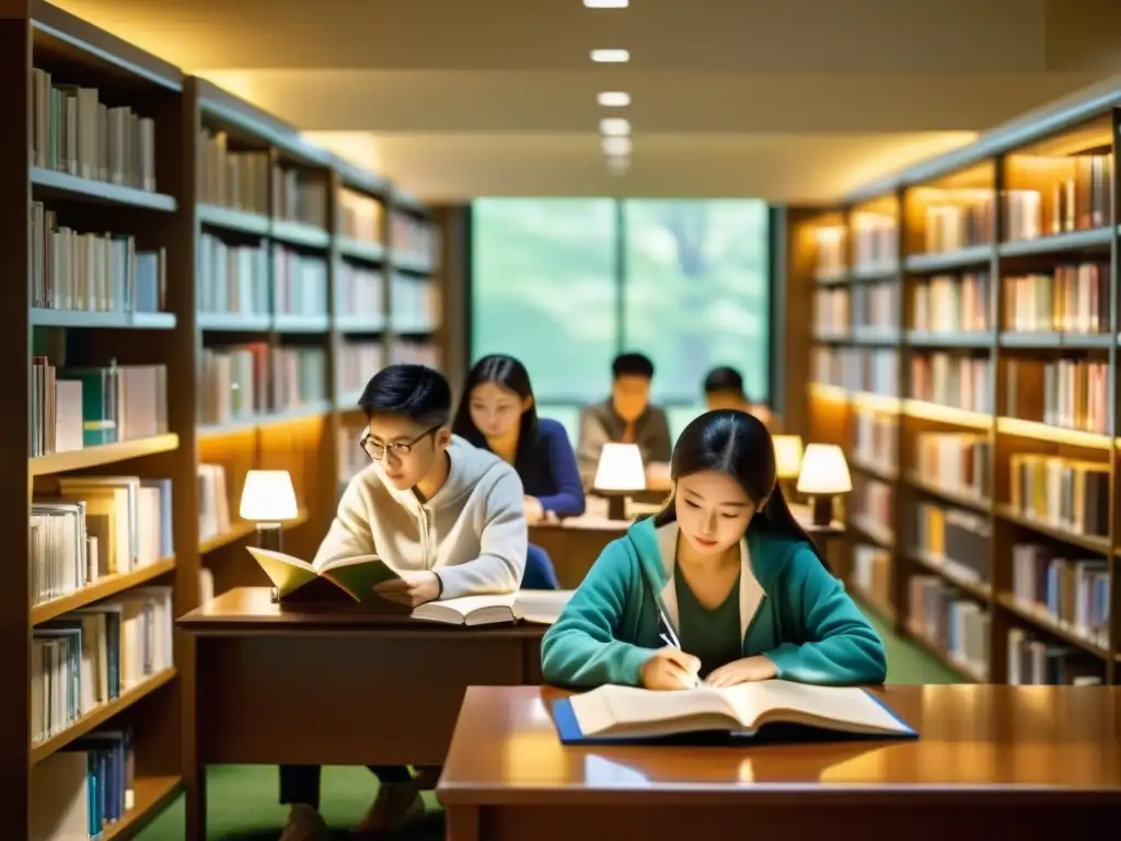 Estudiantes estudian en biblioteca universitaria en China, reflejando determinación académica