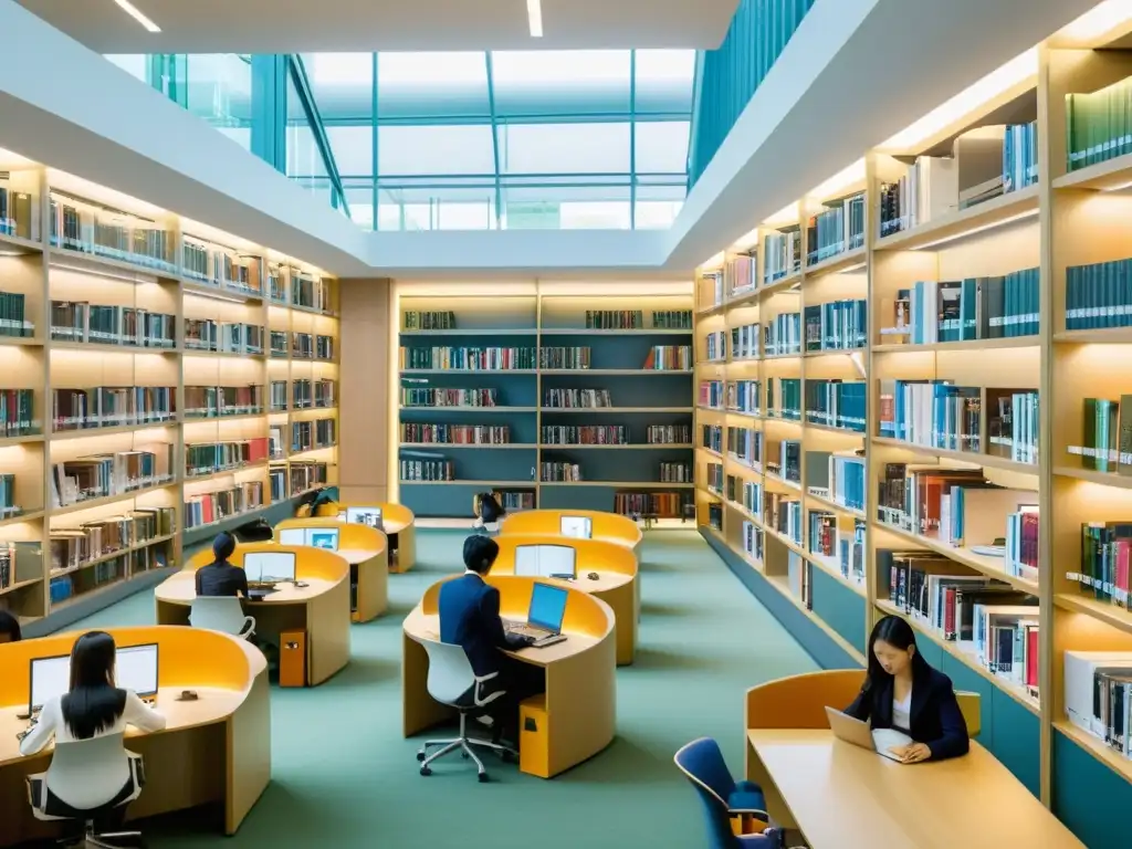 Estudiantes estudian en biblioteca universitaria moderna en Asia, reflejando diversidad