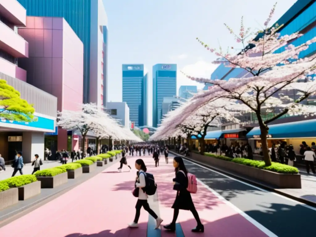 Estudiantes en bulliciosa calle de Tokyo, con luces de neón y cerezos en flor