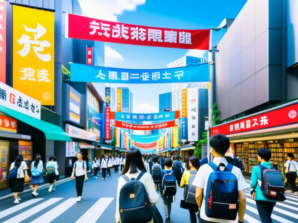 Estudiantes caminan por bulliciosa calle de Tokio, Japón, con mochilas y libros