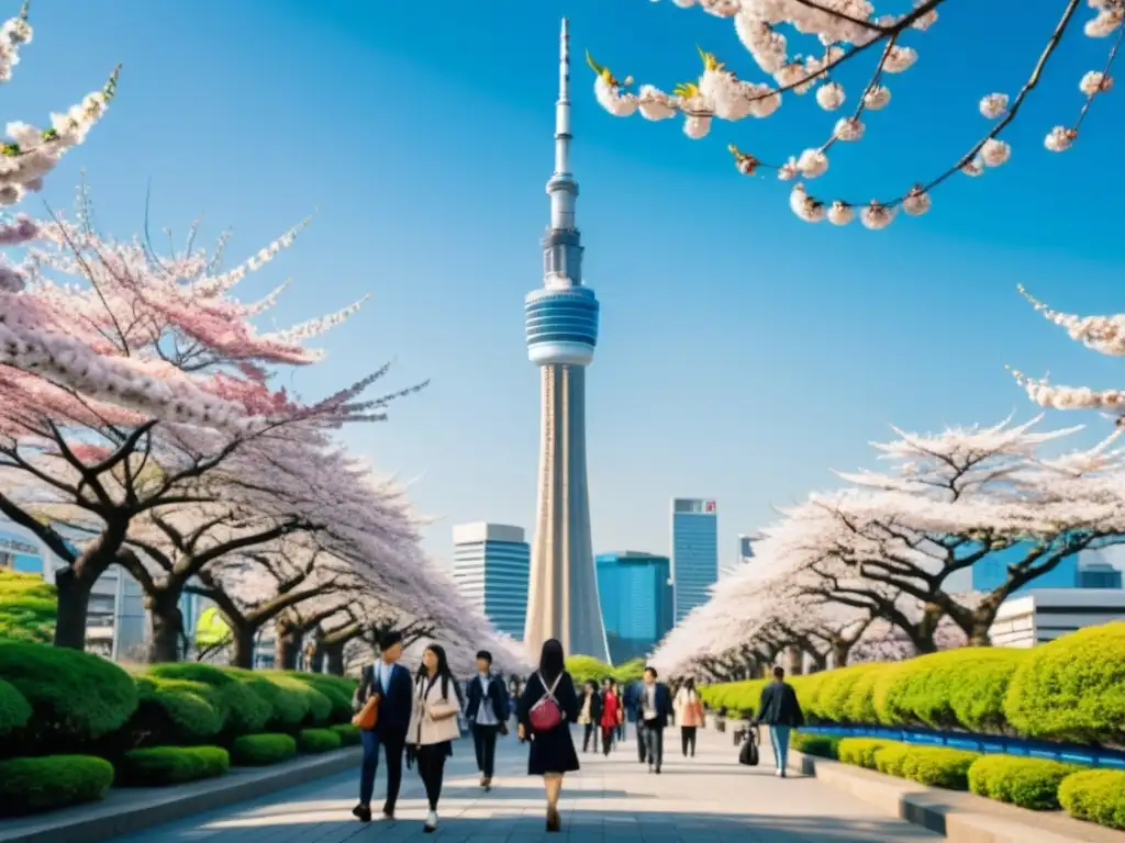 Estudiantes paseando por un bullicioso campus universitario en Tokyo, Japón, con cerezos en flor y el icónico Tokyo Skytree al fondo, reflejando la vibrante atmósfera académica