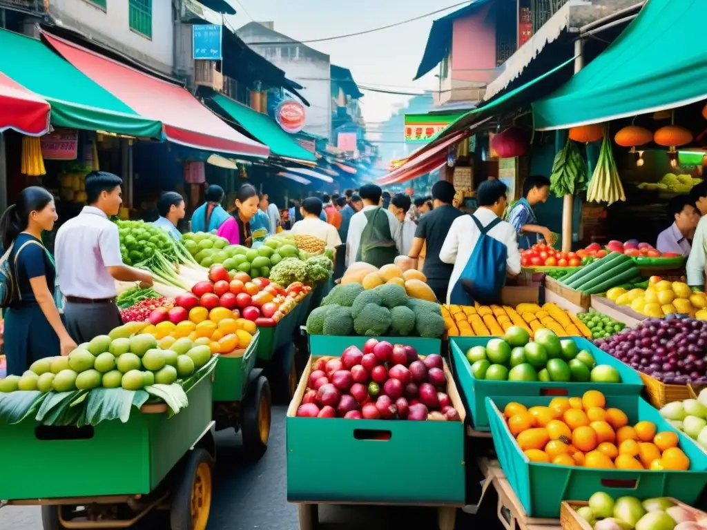 Estudiantes comprando en un bullicioso mercado callejero en Asia, reflejando el costo de vida para estudiantes en Asia