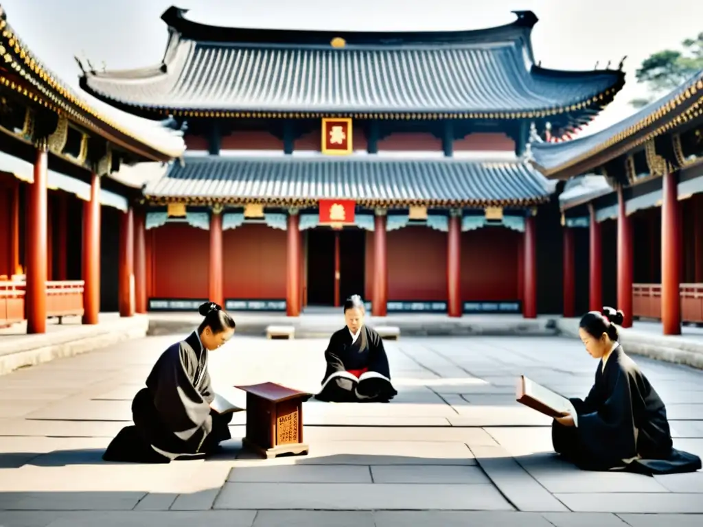 Estudiantes practicando caligrafía en una escuela confuciana, reflejando la importancia educación en jerarquía confuciana