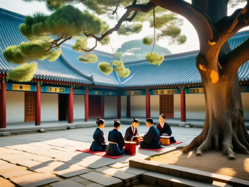 Estudiantes practican caligrafía y aprenden bajo principios confucianos en un tranquilo patio escolar