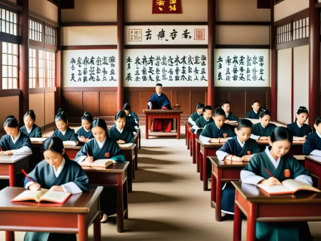 Estudiantes practican caligrafía y recitan textos antiguos en una aula china tradicional, evocando la disciplina educativa de China