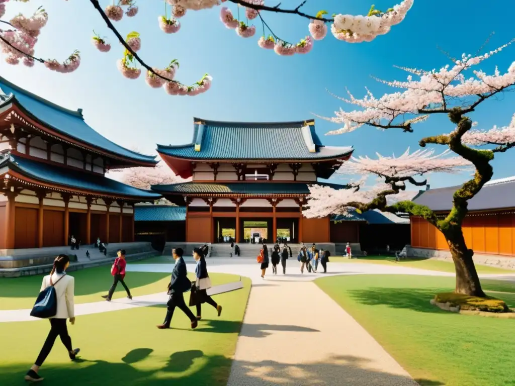 Estudiantes disfrutan de un campus universitario en Japón, con arquitectura tradicional y moderna