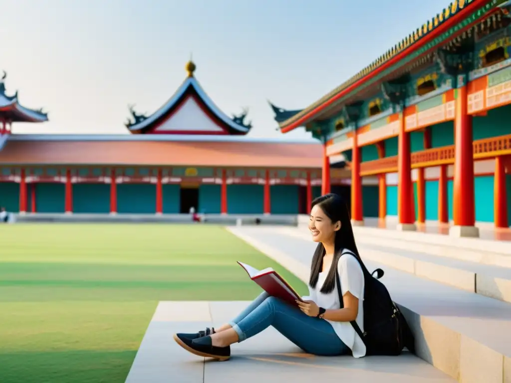 Estudiantes en campus universitario asiático, estudian y participan en actividades culturales, reflejando el dinamismo de becas para estudios en Asia