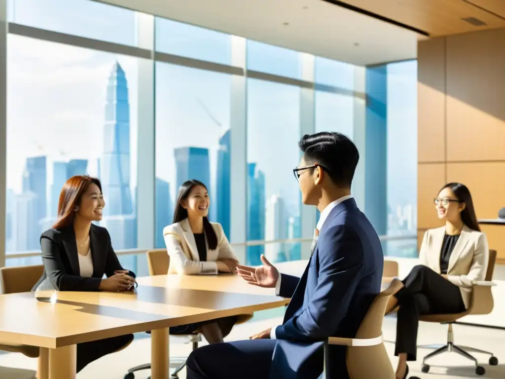 Vibrante discusión de estudiantes internacionales en aula moderna Estudiantes de MBA en Asia para carrera internacional debatiendo en aula moderna y soleada, con vista a ciudad dinámica
