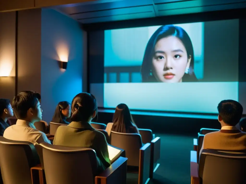 Estudiantes cautivados por una escena de cine asiático en un aula oscura, reflejando aprendizaje profundo y compromiso educativo