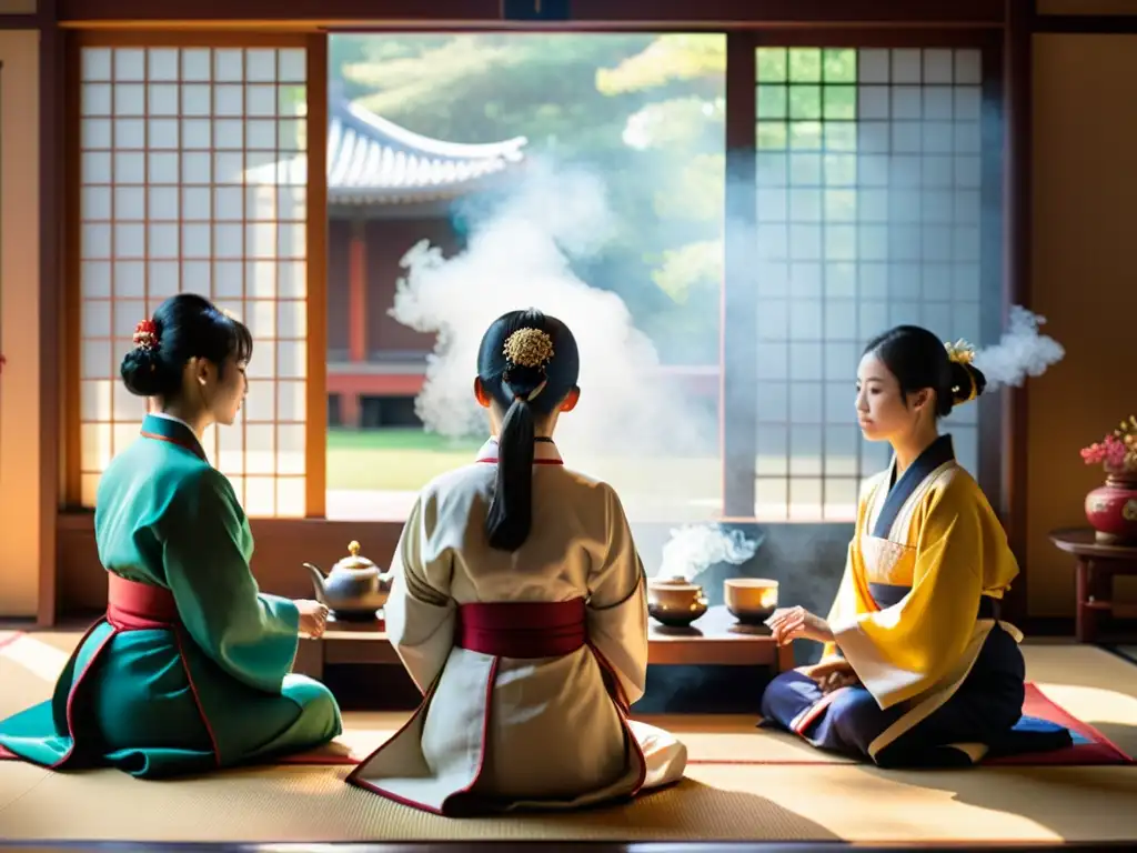 Estudiantes en ceremonia del té: tradición y aprendizaje Estudiantes participando en una ceremonia del té asiática, honrando tradiciones con reverencia