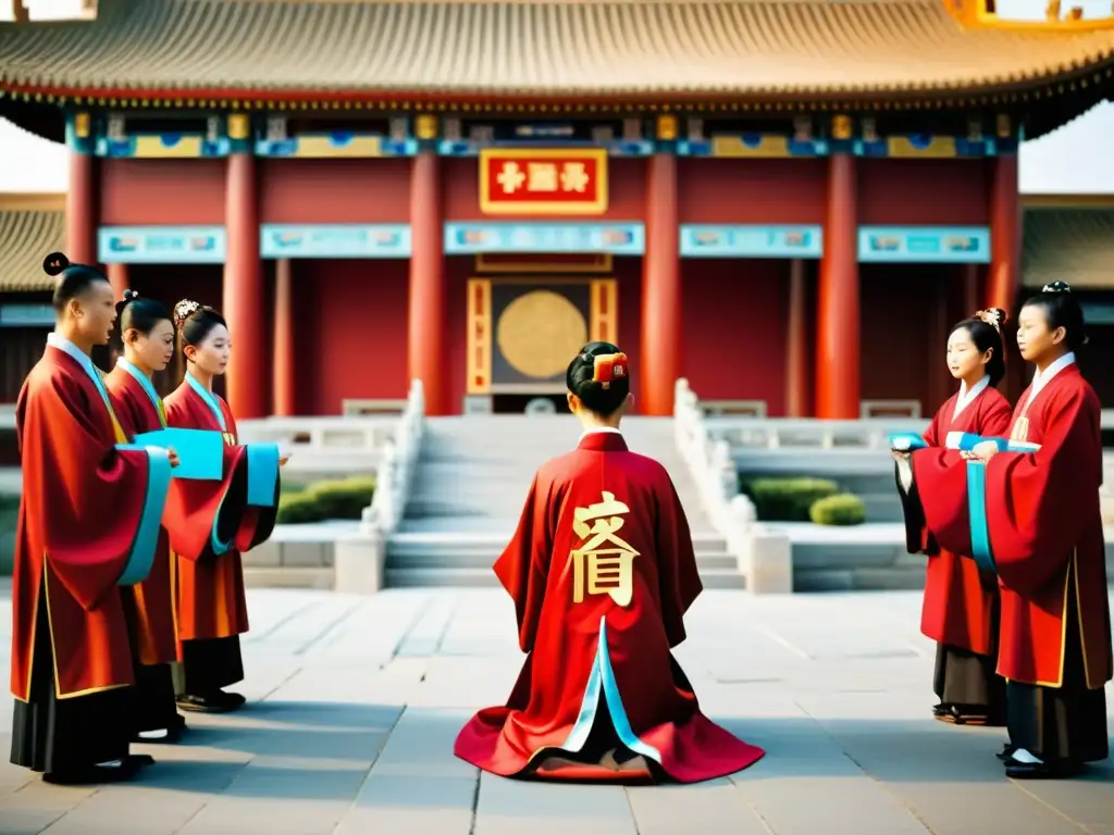 Estudiantes realizan ceremonia Confuciana, vistiendo túnicas ceremoniales y haciendo reverencia ante estatua de Confucio