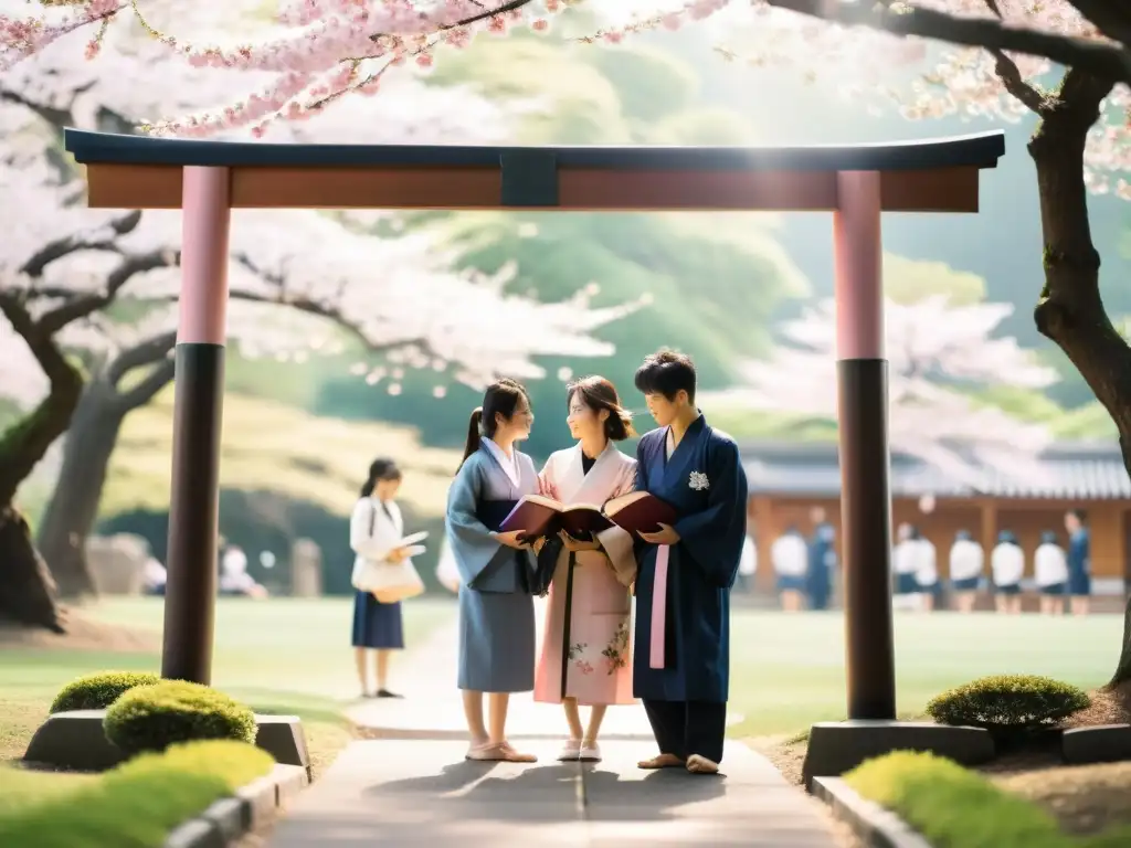 Estudiantes con yukata y happi conversan bajo cerezo en flor, libros