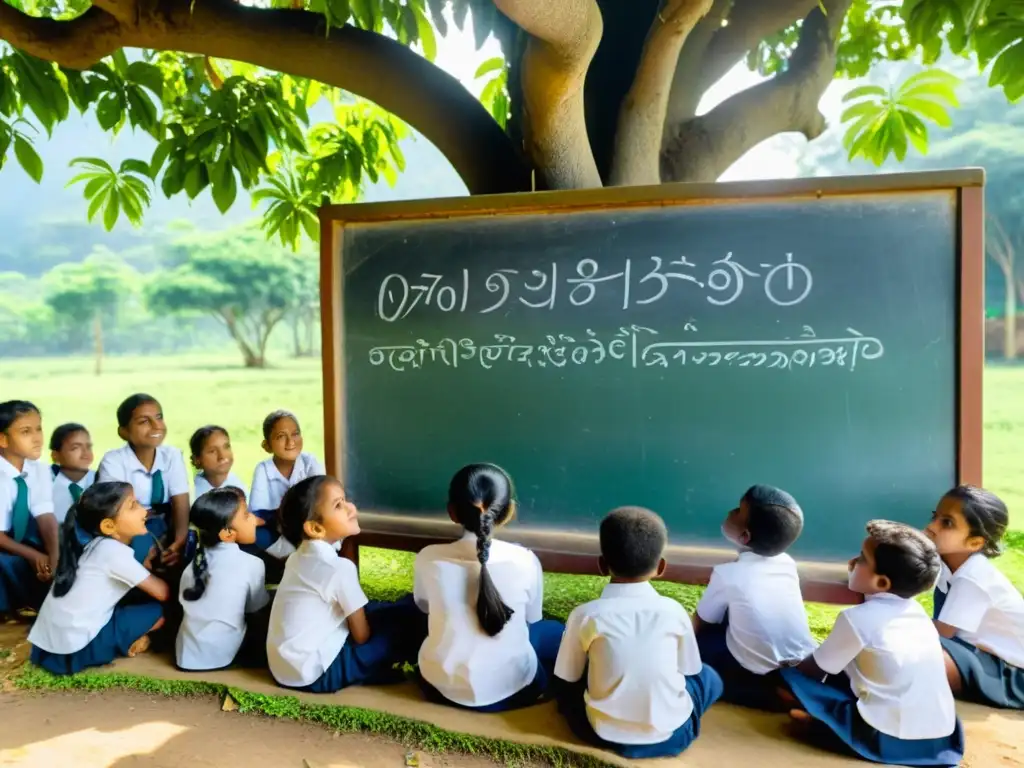 Estudiantes en Sri Lanka disfrutan una clase al aire libre bajo un árbol, reconstrucción educación Sri Lanka postguerra