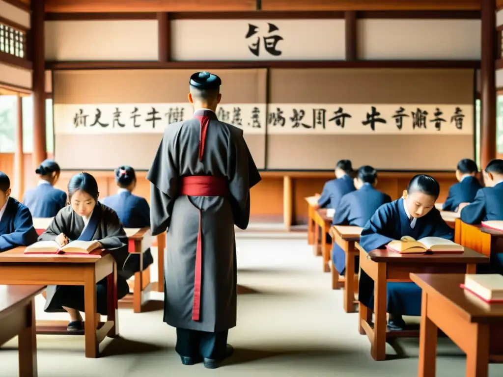 'Estudiantes en clase tradicional confuciana mostrando respeto a su maestro